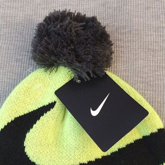 NIKE Big Kid's Volt Yellow Black Swoosh Pom Pom Knit Beanie NWT - Picture 4 of 15